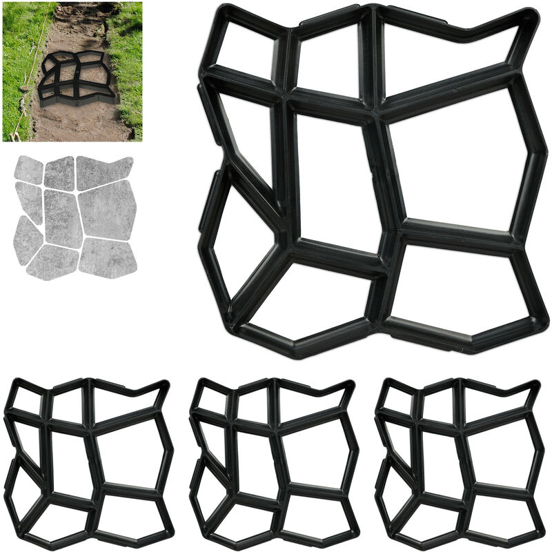 Concrete Mould, 4x Set, Irregular Shape, Cement Cast, 9 Frames, Pavement Stone, Patio, HxWxD: 4x42x42cm, Black - Relaxdays