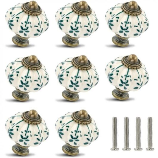 Cyslmuk - 12 Pack Ivory and Green Ceramic Knobs - Pumpkin Cabinet Knobs Retro Dresser Knobs - Vintage Drawer Pulls with Screws for Cabinet Cupboard