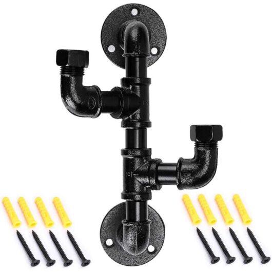 Heavy Duty Metal Pipe Coat Rack with 2 Hooks Vintage Industrial Style Wall Mounted Black Galvanized Finish
