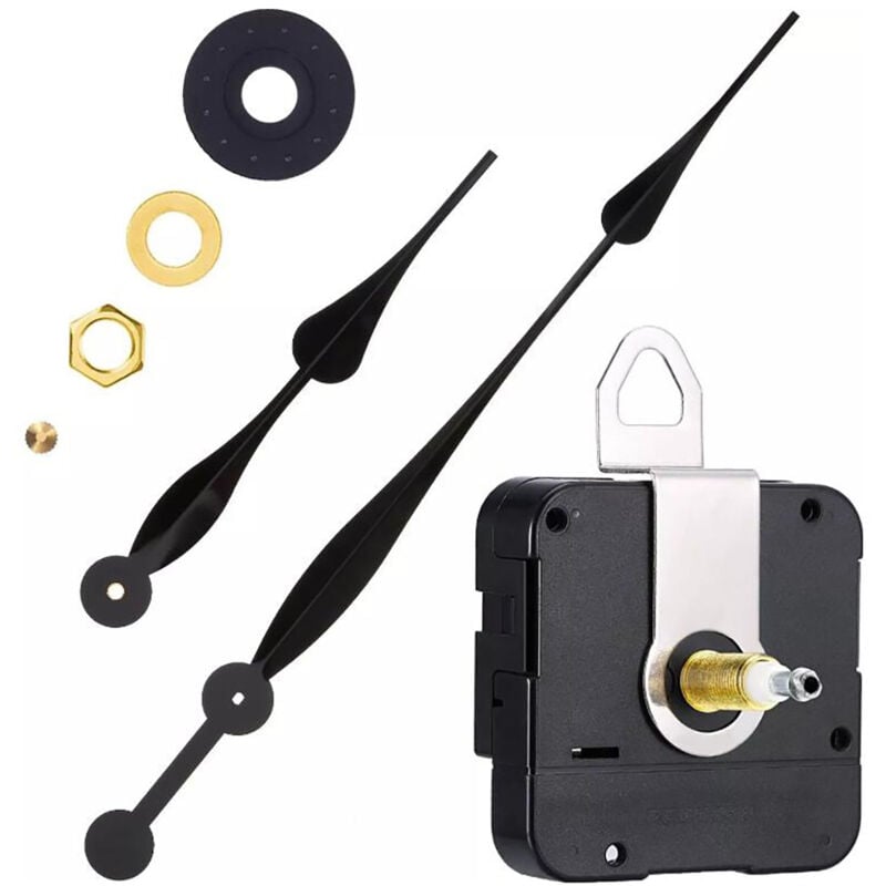 High Torque Long Shaft Clock Movement Mechanism with 12 Inch Long Flat Hands (Black)