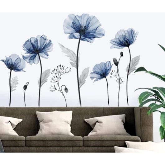 CCYKXA Blue Flowers Wall Stickers Large Wall Sticker Blue Flowers Poppy Plant Wall Decoration Living Room Bedroom Bathroom