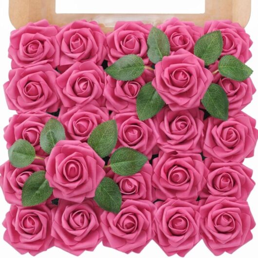 (Dark Pink)25 Pcs Ivory Artificial Foam Roses with Stems for Wedding Bouquets, Party Centerpieces, Arrangements, Party Table Decorations