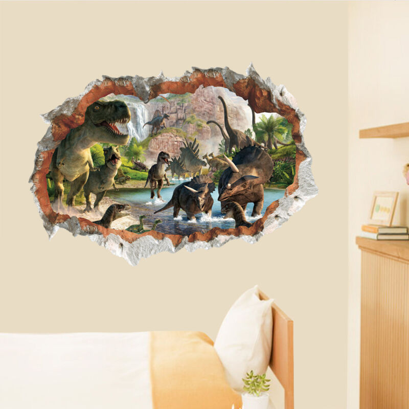 Dinosaurs in the River 3D Wall Sticker 3D Special Effect View Outside the Cracked Wall Decoration Removable DIY Vinyl Wall Home Decals for Living