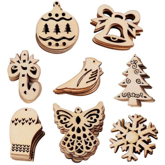 100pcs Christmas Decoration Wooden Slices Hanging Snowflake Glove Natural Tree Wooden diy Ornaments Pendant Gifts Decor for Christmas Tree