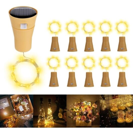 Tinor - Solar led Bottle Cap String Lights, 1m 10 LEDs Copper Wire Decorative Light for diy Bottle/Bar/Bedroom/Wedding/Christmas/Party - Warm White