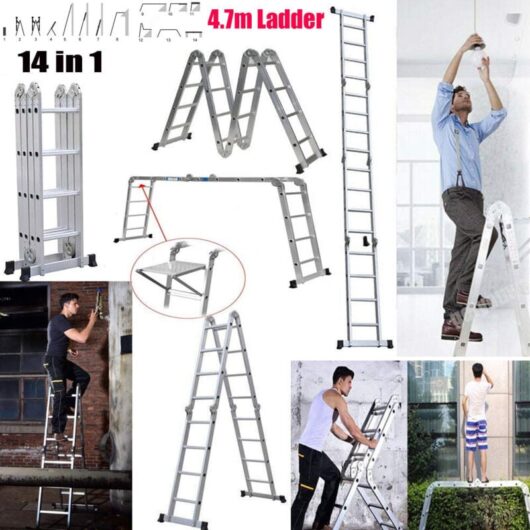 4.7m 15.4ft MultiPurpose Aluminum Folding Extension Ladder Adjustable Step 14IN1