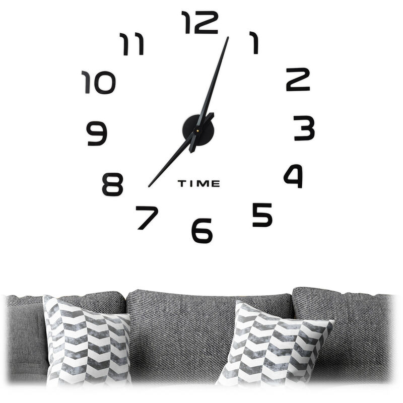 Relaxdays DIY Clock, 3D Numbers, Adhesive Wall Tattoo, Easy to Install, Variable Size, Black