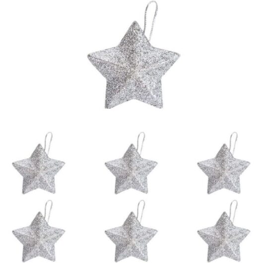 6pcs Christmas Tree Mini Star Decoration Pendant Christmas Ornaments Christmas Party DIY Craft Accessories(Silver Color)