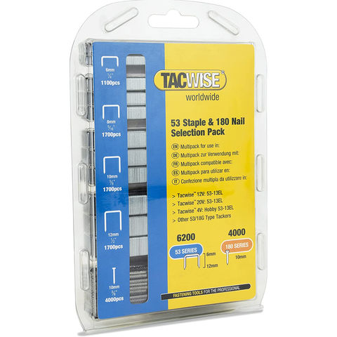 Tacwise Tacwise 1628 Type 53 Staples in Various Sizes & Type 180 (18G)/10 mm Nails Selection Pack, Galvanised, Pack of 6200 Staples & 4000 Nails