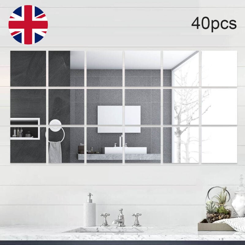 Trintion 40Pcs Square Mirror Tiles 15x15cm Wall Mounted DIY Full Body Self-Adhesive Sticker Sheets for Bathroom, Living Room, Kitchen - Makeup Decor