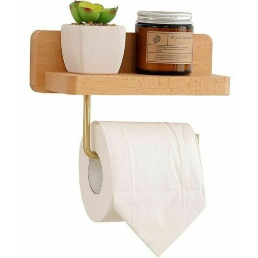 Wooden Toilet Paper Holder with Shelf, Self Adhesive Wall Mount Toilet Paper Holder for Bathroom Mumu