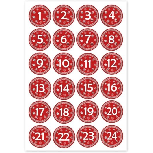 Another Christmas decoration, round 30x30mm - stickers for Advent calendars 1 to 24 - red vintage style - labels - booklets - Christmas calendar