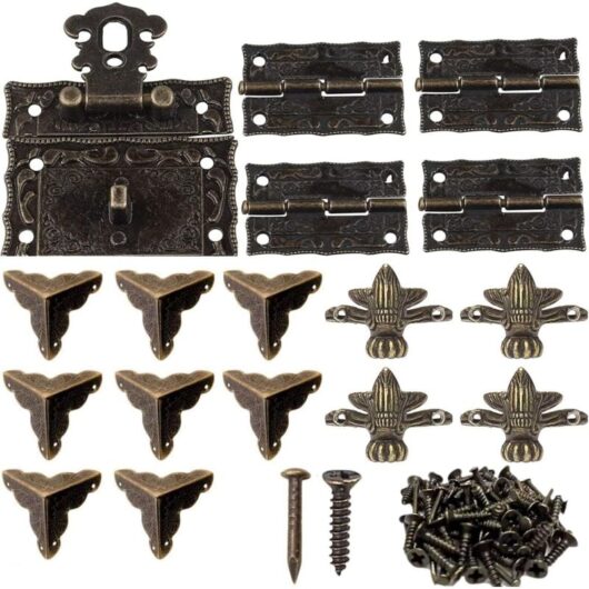Antique Decorative Box Clasp, 8 Decorative Corner Covers, 4 Metal Hinges, 4 Decorative Corner Feet for Wooden Jewelry Box, Bronze