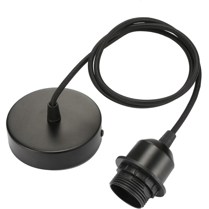 E27 Pendant Light with Screw Ring, 100cm Adjustable Fabric Cord, Lampshade Compatible Pendant Light, Ideal Fitting for Kitchen Pendant Light, Black