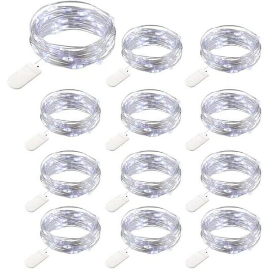 12 Packs Battery Operated String Lights, 20 LEDs 2M Copper String Lights, IP65 Waterproof Silver Wire Cool White Ambiance Light for Christmas Party