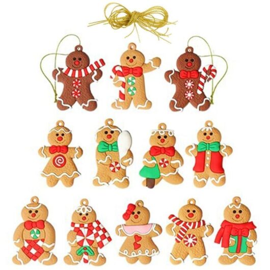 12 Pieces Gingerbread Man Christmas Tree Ornaments and Decorations with Ropes for Gifts