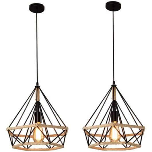 2 Pack Pendant Lighting Metal Hemp Rope Hanging Lamp Industrial Chandelie E27 Noir Ceiling Lighting Fixtures