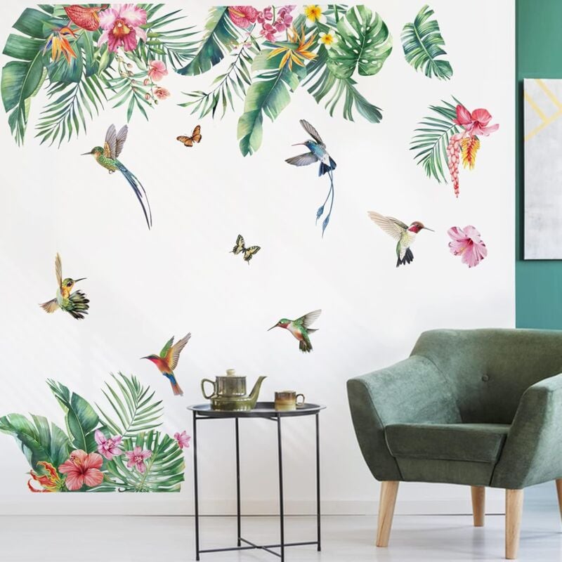 Csparkv - Tropical Leaves Wall Stickers Wall Sticker Tropical Green Plants Flowers Birds Wall Decoration Bedroom Living Room Office
