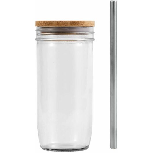 Drinking Glasses with Bamboo Lids and Stainless Steel Straw - 24oz Can Shaped Glass Cups, Beer Glasses, Iced Coffee Glasses, Cute Tumbler, Great for