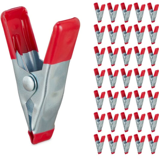 Relaxdays Clamps in a Set of 36, Glue Clamps for Handicraft, Model Making Clamps, Spring Clamps, Metal, 20mm, Red