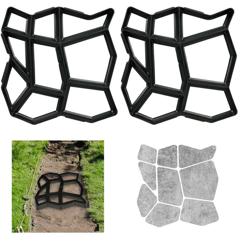 Relaxdays Concrete Mould, 2x Set, Irregular Shape, Cement Cast, Pavement Stone, Patio, Plaster, HxWxD: 4x42x42cm, Black