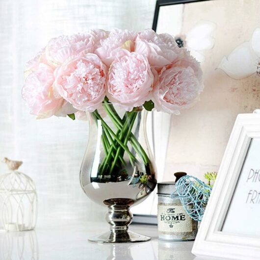 2 Bouquets of Artificial Peonies (Light Pink), 10 Silk Peony Flowers, for Decorating Windowsill in Hotels, Offices, Apartments or Weddings, Vase Not