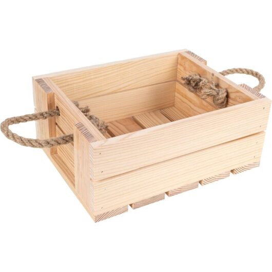 Natural Wooden Crate with Jute Handles 25 x 19 x 10 cm