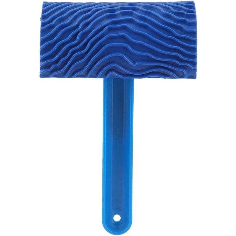 Paint roller with embossed pattern for wood grain effect, blue, with handle, DIY tool for wall decoration