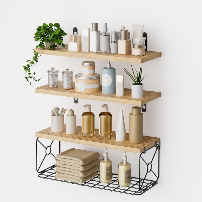 Trintion Floating Shelves Set of 3 Rustic Mounted Shelf with Metal Basket, Wall Shelves for Room Decor, Bedroom, Living Room, Kitchen, Bathroom,