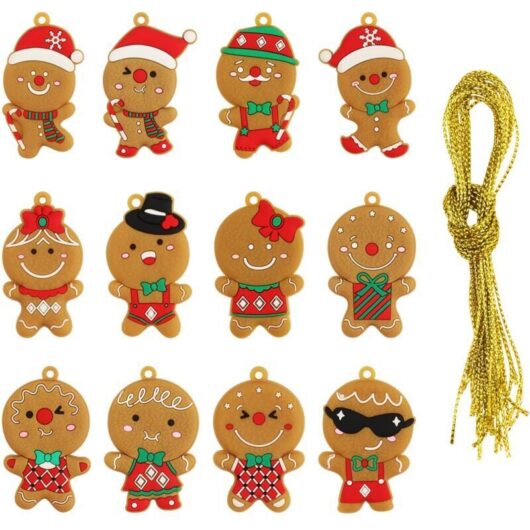 12 Gingerbread Man Ornaments and Decorations for Christmas Trees, with Strings, for Gifts