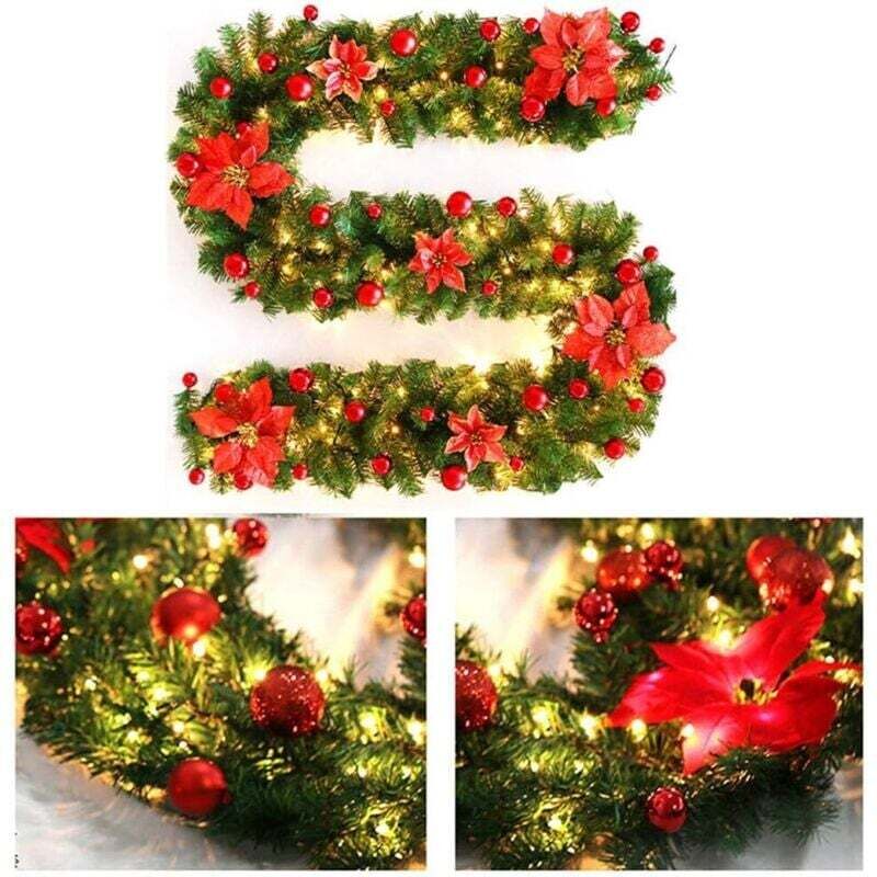270 cm artificial Christmas tree garland with LED lights, rattan garland with LED lights for Christmas tree, door, stairwell, fireplace (red)