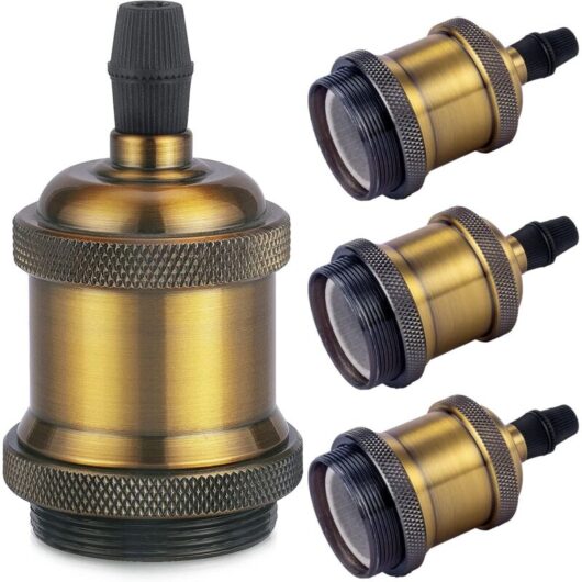 4PCS E27 Vintage Solid Aluminum and Ceramic Lamp Holder, Socket Adapter for Edison Screw Bulbs, DIY Wall, Tabletop or Ceiling Mount, Vintage Brass