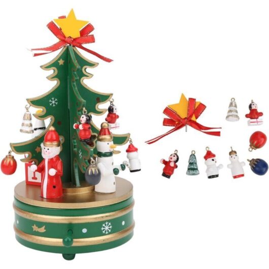 Christmas music box, rotating wooden Christmas tree music box with 9 decorative accessories (green)