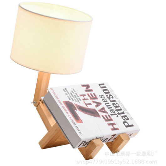 Robot Bedside Lamp, Creative Table Lamp with Adjustable Wooden Base, Modern E27 Desk Lamp for Living Room with Fabric Shade, DIY Decorative Lamps for
