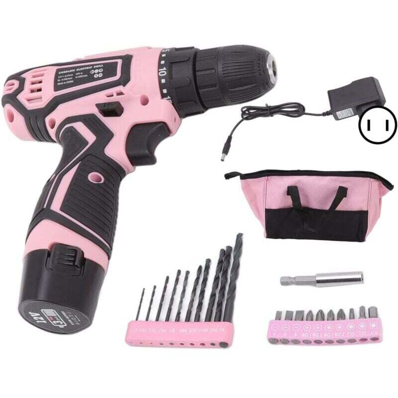 12V Rechargeable Cordless Electric Screwdriver Compact Drill Hand Tools Automatic Gyroscopic Screw Kit Pink Tool Set for Women Home Power Tools (EU P