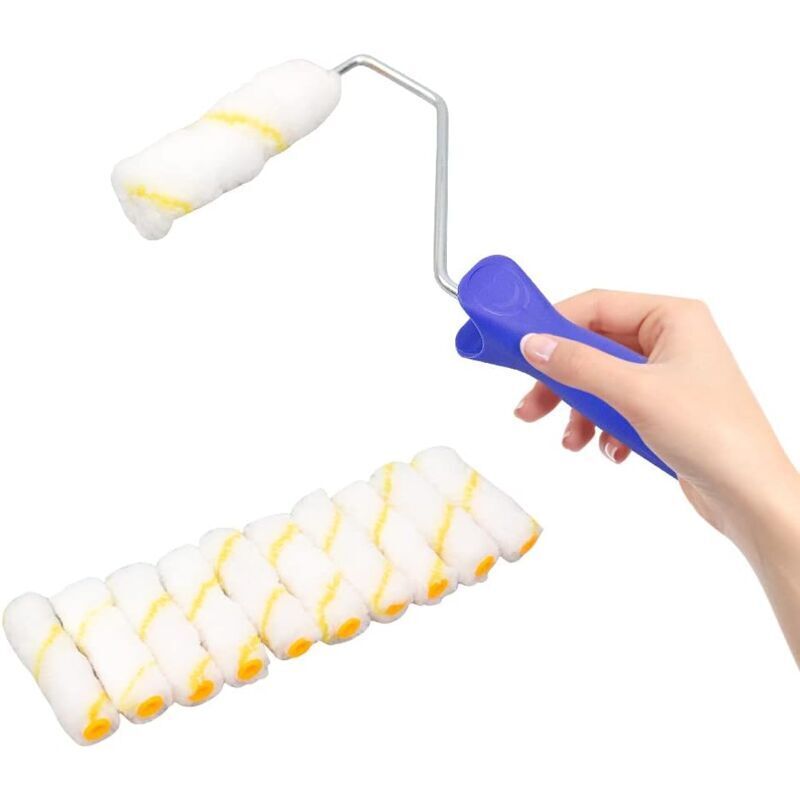 Set of 10 professional paint rollers - Yellow thread - 10 cm - With handle - 25 cm - Microfiber - For painting and renovation work