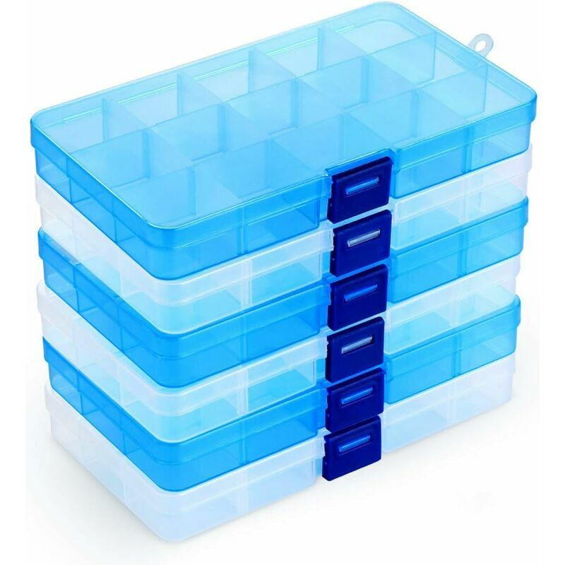 Soleil - Pack of 6 Plastic Containers, 15 Grids Adjustable Compartment Dividers Storage Bins for Necklace, Earrings, diy Items