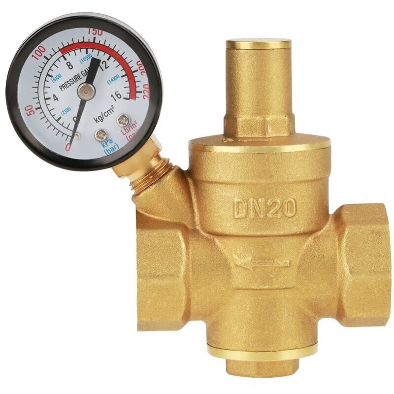 1 x DN20 brass water pressure reducing valve with integrated pressure gauge, adjustable from 0.05-0.8 MPa, for domestic and professional installations