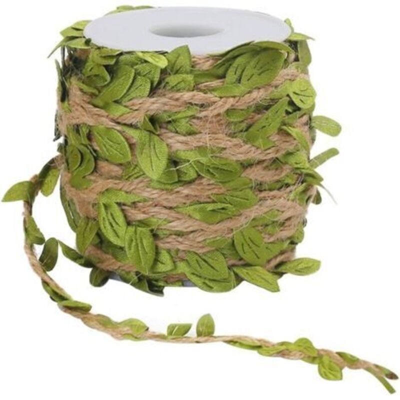 10M Natural Jute Hemp Rope (Green) Hand Twine Burlap Leaf Trim Ribbon, Decorated with Vine for DIY Crafts Party Wedding Decoration