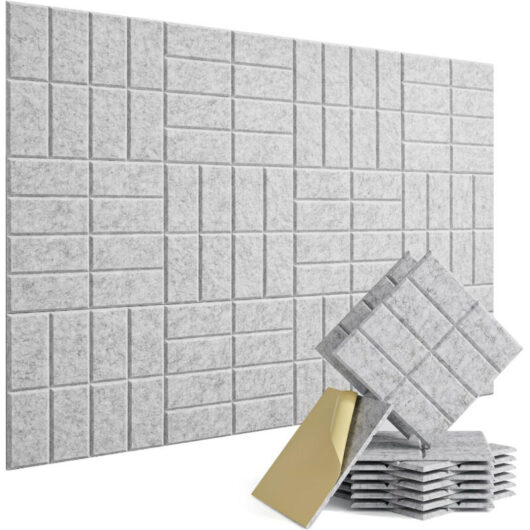 12 Self-Adhesive Sound-Absorbing Wall Panels, Square-Grooved Soundproofing Panels, Light Gray, 30 x 30 cm (with Adhesive Backing)