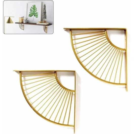 2 corner brackets for hanging shelves, floating scalloped tripod brackets in gold metal, set for dining room/office/decoration