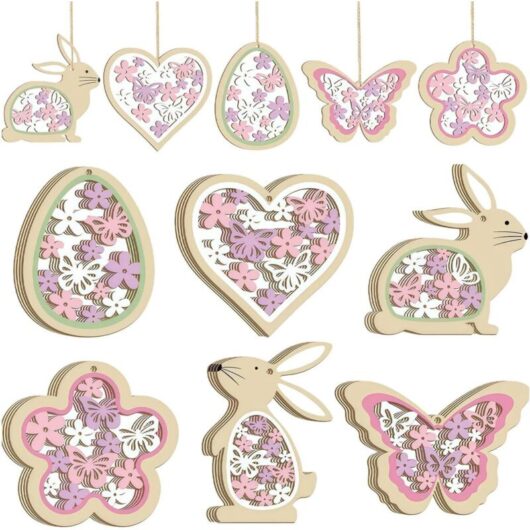 24-Piece Easter Hanging Wooden Decorations - Bunny Egg Butterfly Spring Decoration DIY Easter Tree Pink