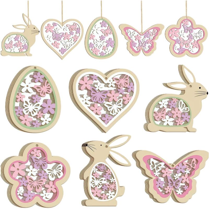 24-Piece Easter Hanging Wooden Decorations - Bunny Egg Butterfly Spring Decoration DIY Easter Tree Pink