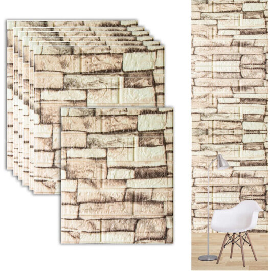 3D Self-Adhesive Wall Panels 35×38 cm, 10 Pieces, Vintage Stone Effect, Suitable for Living Room, Bedroom, and Kitchen, Rock White