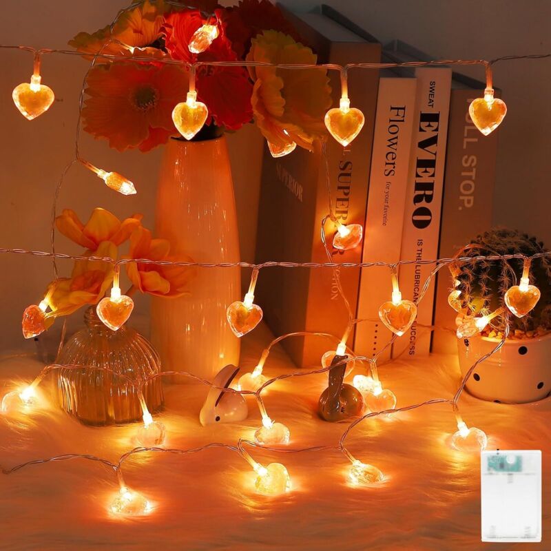 Indoor LED string lights, 2.4m, for Valentine's Day, pink hearts with 20 warm white LEDs with battery-operated timer, sparkling for weddings, DIY
