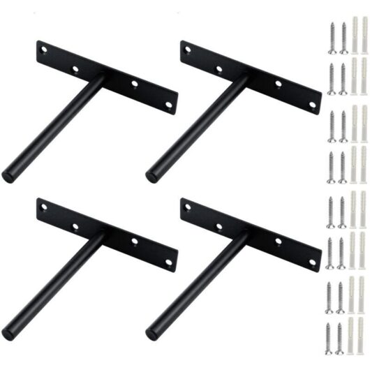 [NEVER USED] 4-Piece Invisible T-Shaped Shelf Brackets, Heavy-Duty Wall Mounting Brackets for Kitchen, Bookcase, and Furniture, Durable Black Steel