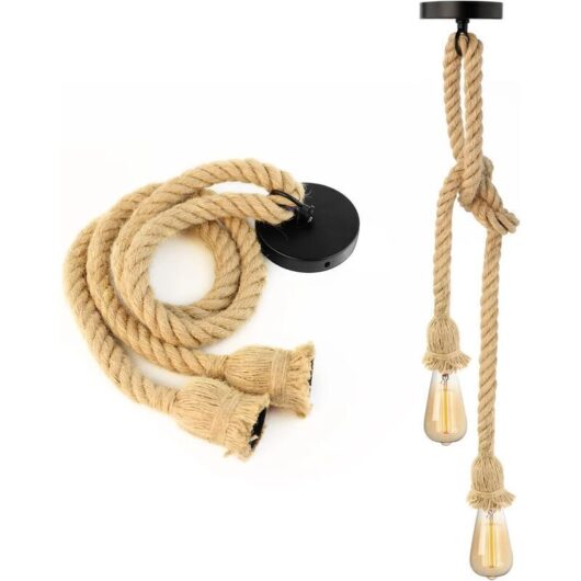 [NEVER USED] Hemp Rope Chandelier Double Head Hanging Industrial Pendant Light Retro Hemp Rope Chandelier for Dining Room, Lobby, Restaurant, Bar,