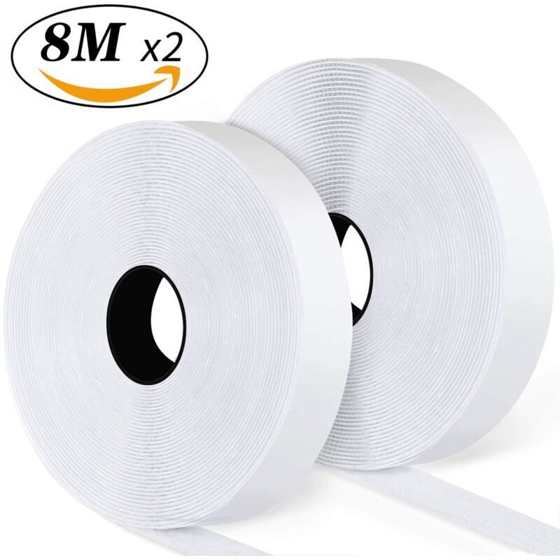 Self-adhesive hook and loop tape, 8 meters, self-adhesive, with adhesive backing, 20 mm wide (20 mm x 8 m, white)