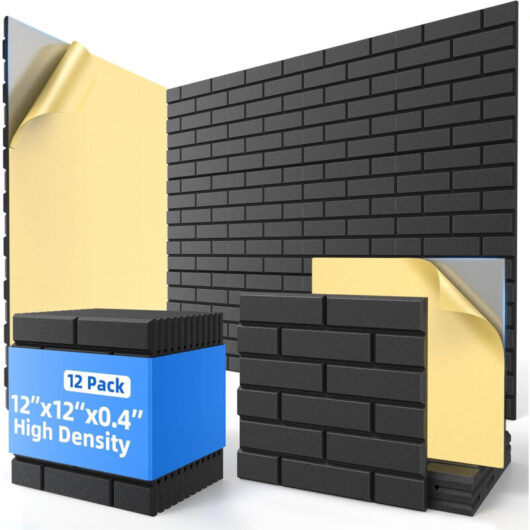 Set of 12 Adhesive Acoustic Panels 30×30×1 cm - High-Density Sound-Absorbing Foam for Studio, Office, Home, Reduces Echo and Reverberation