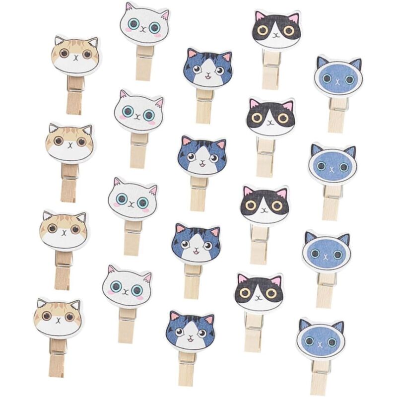 Set of 20 Wooden Cat Photo Clips for Posters, Decorative Photo Holders